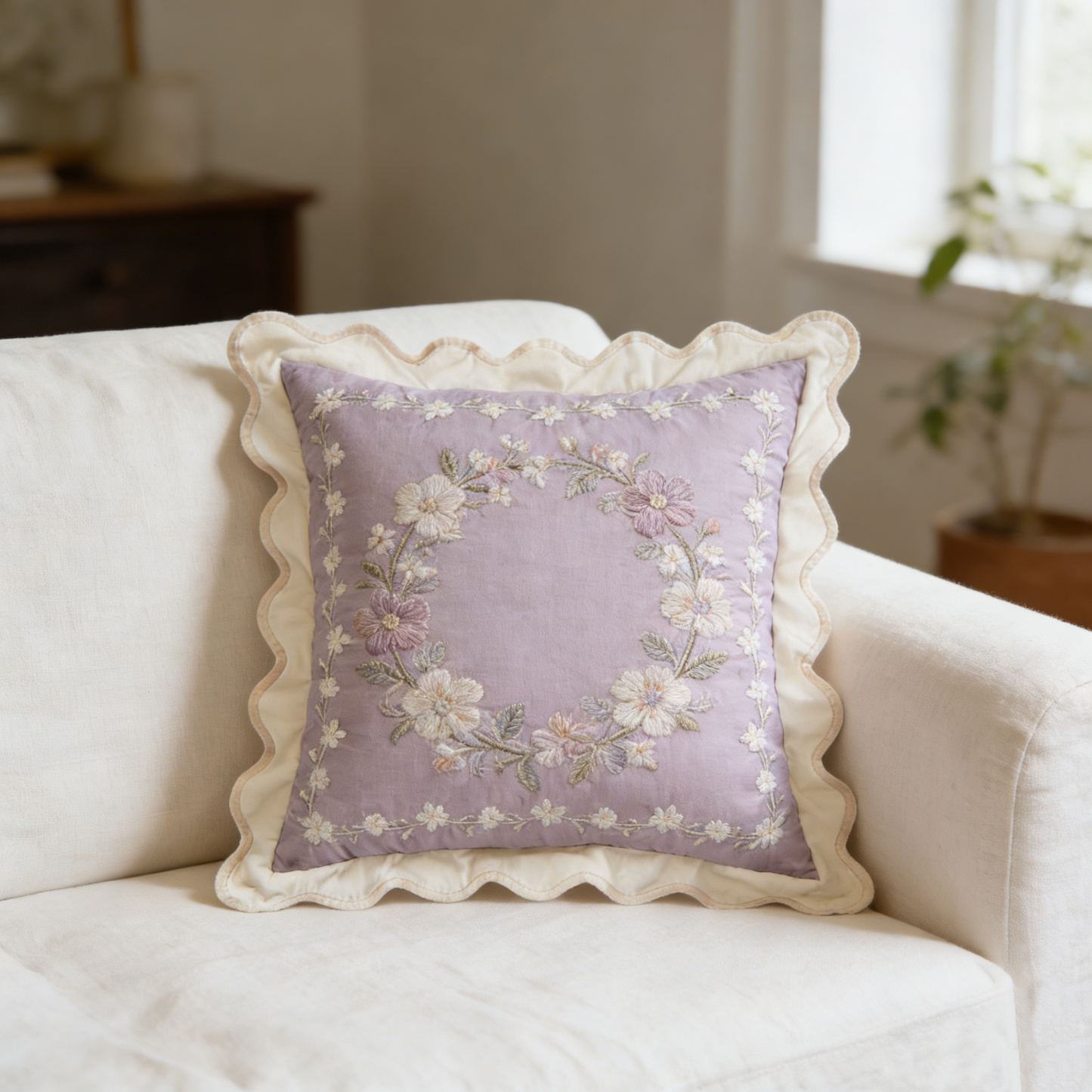Lavender Floral Embroidered Pillow