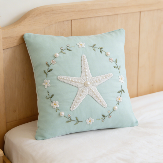 Seashell Starfish Embroidered Pillow