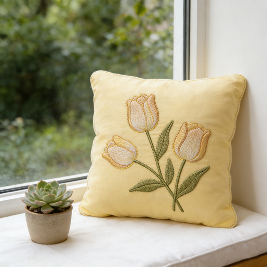 Yellow Tulip Embroidered Pillow