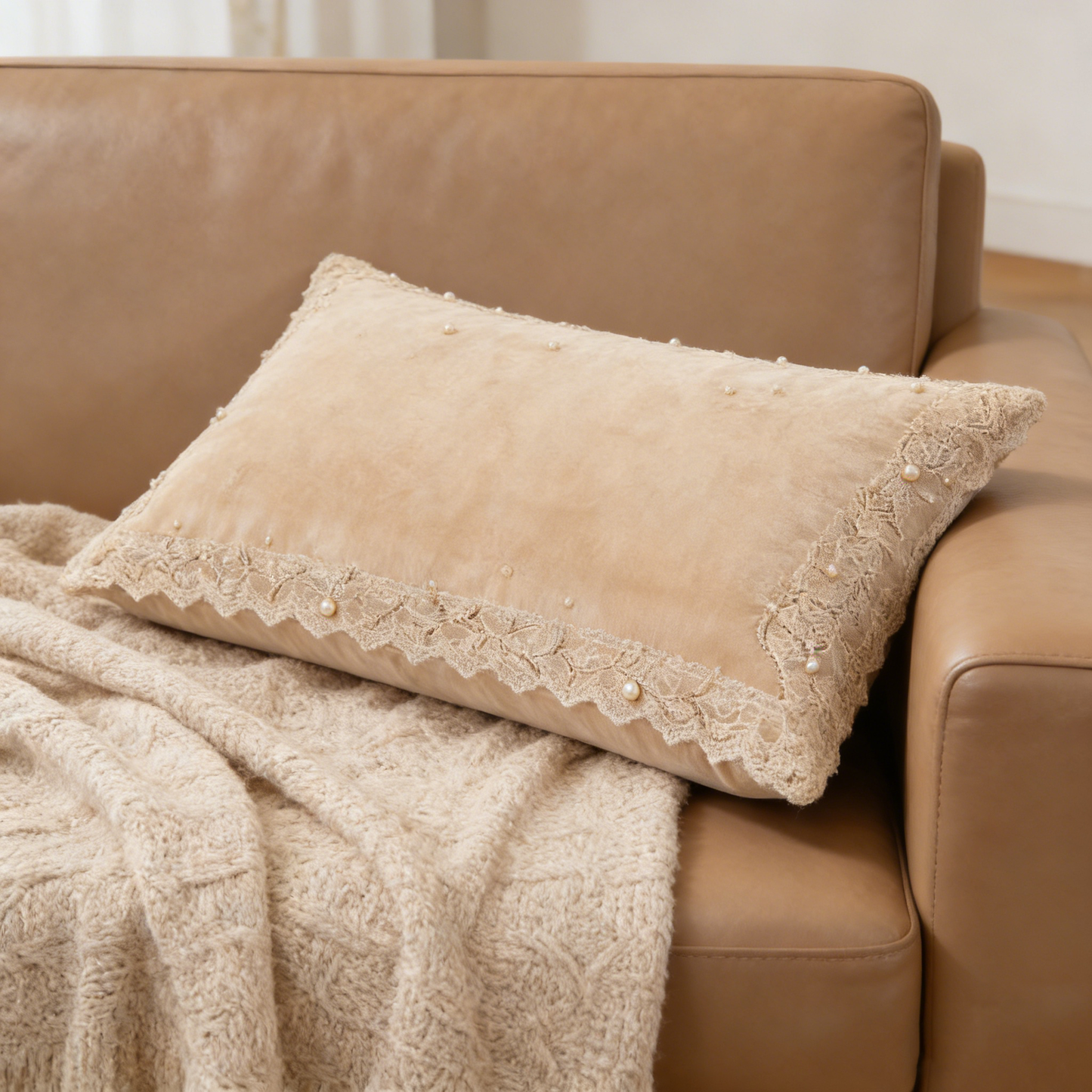 Beige Velvet Pearl Pillow