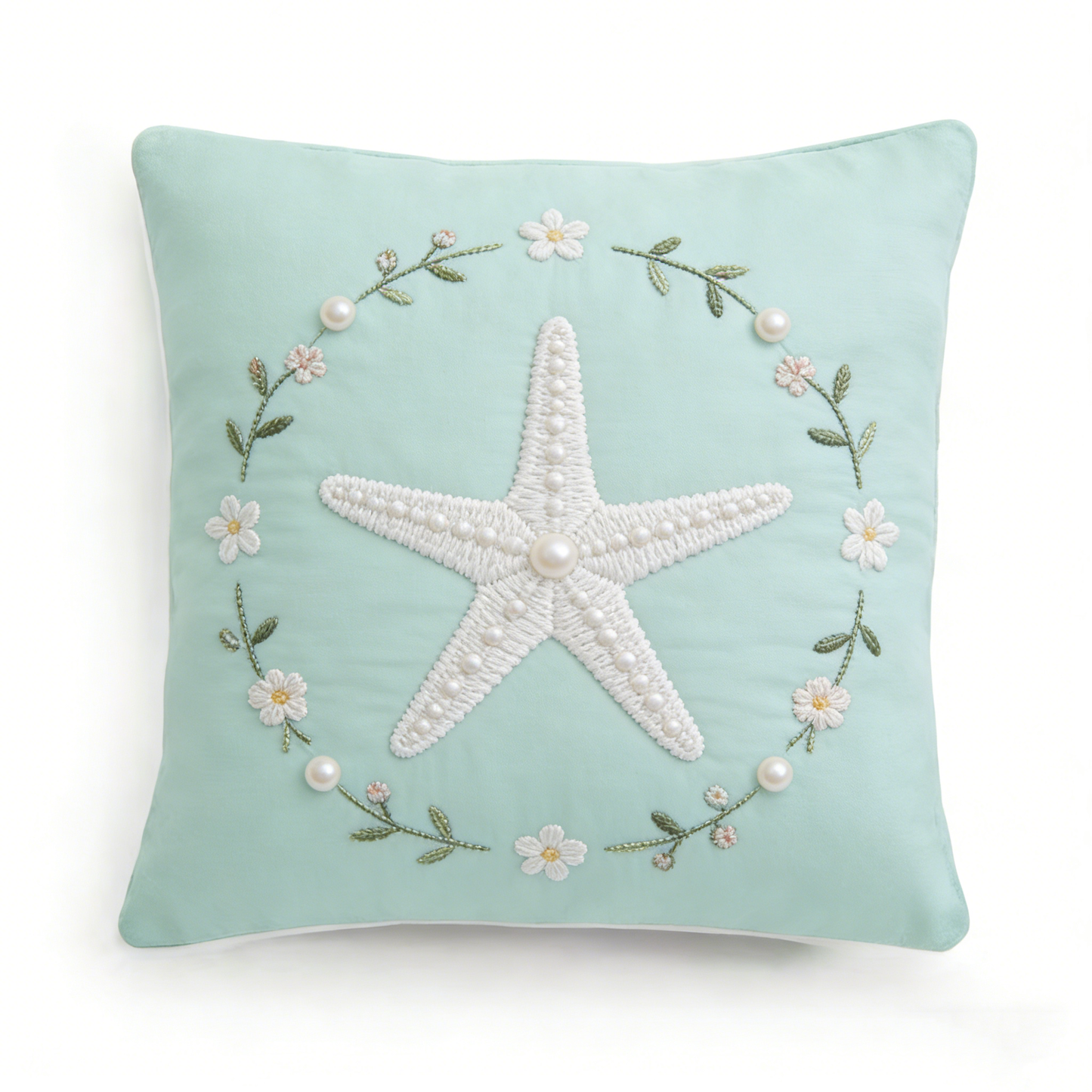 Seashell Starfish Embroidered Pillow